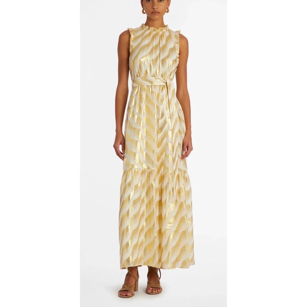 Marie Oliver Alice Dress in Golden Wave Metallic Chiffon XS NWT *Missing Belt